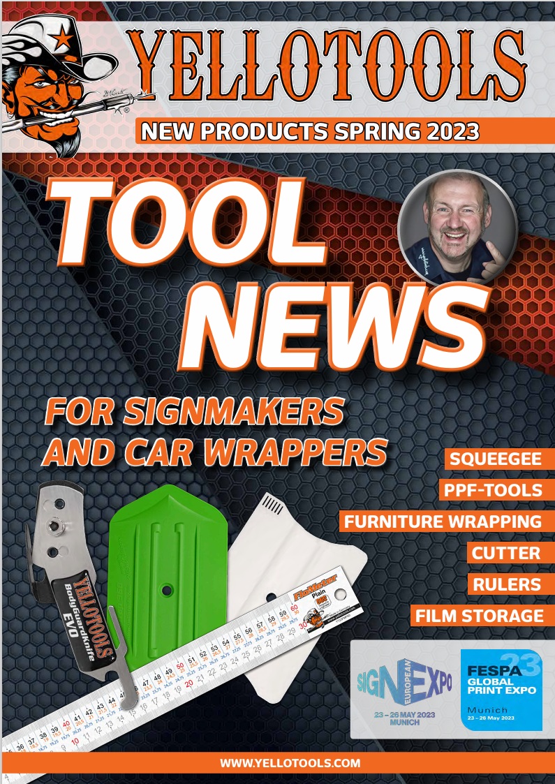 Katalóg materiálov spoločnosti Yellotools, výrobcu aplikačných nástrojov pre signmaking a carwrapping.